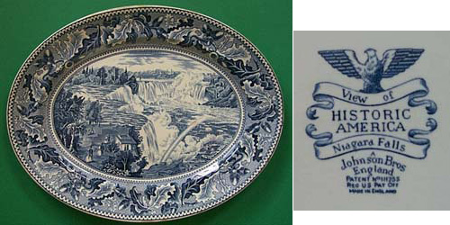 Blue & white transfer printed oval plate depicting Niagara Falls